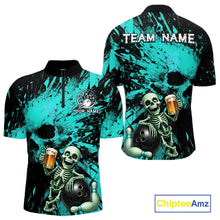 Load image into Gallery viewer, Teal and black bowling shirt with skeleton design and 'Chiptee Amz' branding.