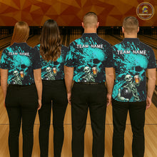 Load image into Gallery viewer, Custom Skeleton Beer Bowling Jersey, Turquoise Splatter Skull Polo &amp; Quarter-Zip Shirt Gift For Women NHT1166