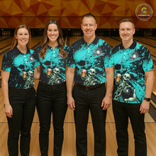 Load image into Gallery viewer, Custom Skeleton Beer Bowling Jersey, Turquoise Splatter Skull Polo &amp; Quarter-Zip Shirt Gift For Women NHT1166