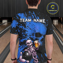Load image into Gallery viewer, Person wearing a bowling shirt with a skeleton holding a beer and a bowling ball, on a bowling alley.