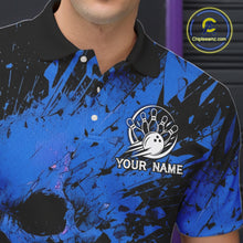 Load image into Gallery viewer, Blue and black splatter patterned polo shirt with a bowling design and 'Your Name' text, brand logo visible.