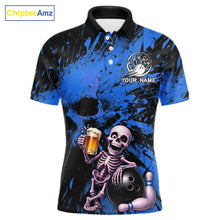 Load image into Gallery viewer, Custom Skeleton Beer Bowling Jersey, Blue Splatter Skull Polo &amp; Quarter-Zip Shirt Gift For Men 