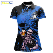 Load image into Gallery viewer, Custom Skeleton Beer Bowling Jersey, Blue Splatter Skull Polo &amp; Quarter-Zip Shirt Gift For Women 