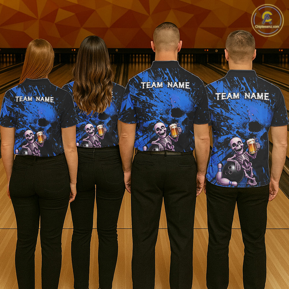 Custom Skeleton Beer Bowling Jersey, Blue Splatter Skull Polo & Quarter-Zip Shirt Gift For Women NHT1167