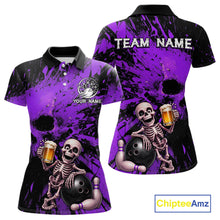 Load image into Gallery viewer, Custom Skeleton Beer Bowling Jersey, Purple Splatter Skull Polo &amp; Quarter-Zip Shirt Gift For Women 