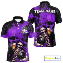 Load image into Gallery viewer, Custom Skeleton Beer Bowling Jersey, Purple Splatter Skull Polo &amp; Quarter-Zip Shirt Gift For Men 
