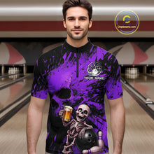 Load image into Gallery viewer, Man wearing a purple and black bowling shirt with a skeleton design in a bowling alley.