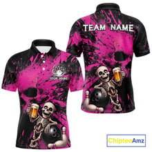 Load image into Gallery viewer, Pink and black polo shirt with skeleton bowling design and 'Team Name' text on a white background.