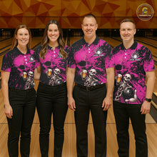 Load image into Gallery viewer, Custom Skeleton Beer Bowling Jersey, Pink Splatter Skull Polo &amp; Quarter-Zip Shirt Gift For Women NHT1169
