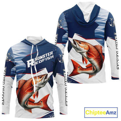 Offshore Sport Fishing Redfish Monster, Long Sleeve Hooded Redfish Fishing Jersey For Men NHT1467