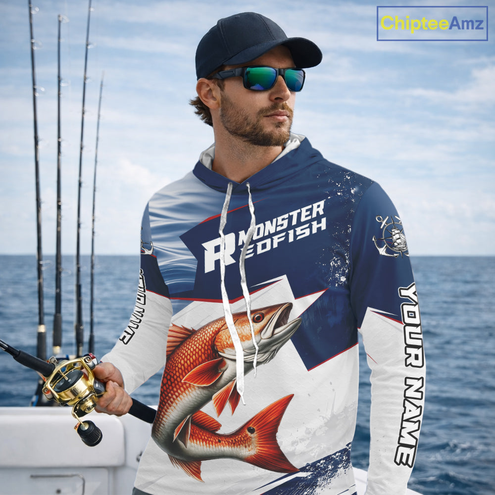 Offshore Sport Fishing Redfish Monster, Long Sleeve Hooded Redfish Fishing Jersey For Men NHT1467