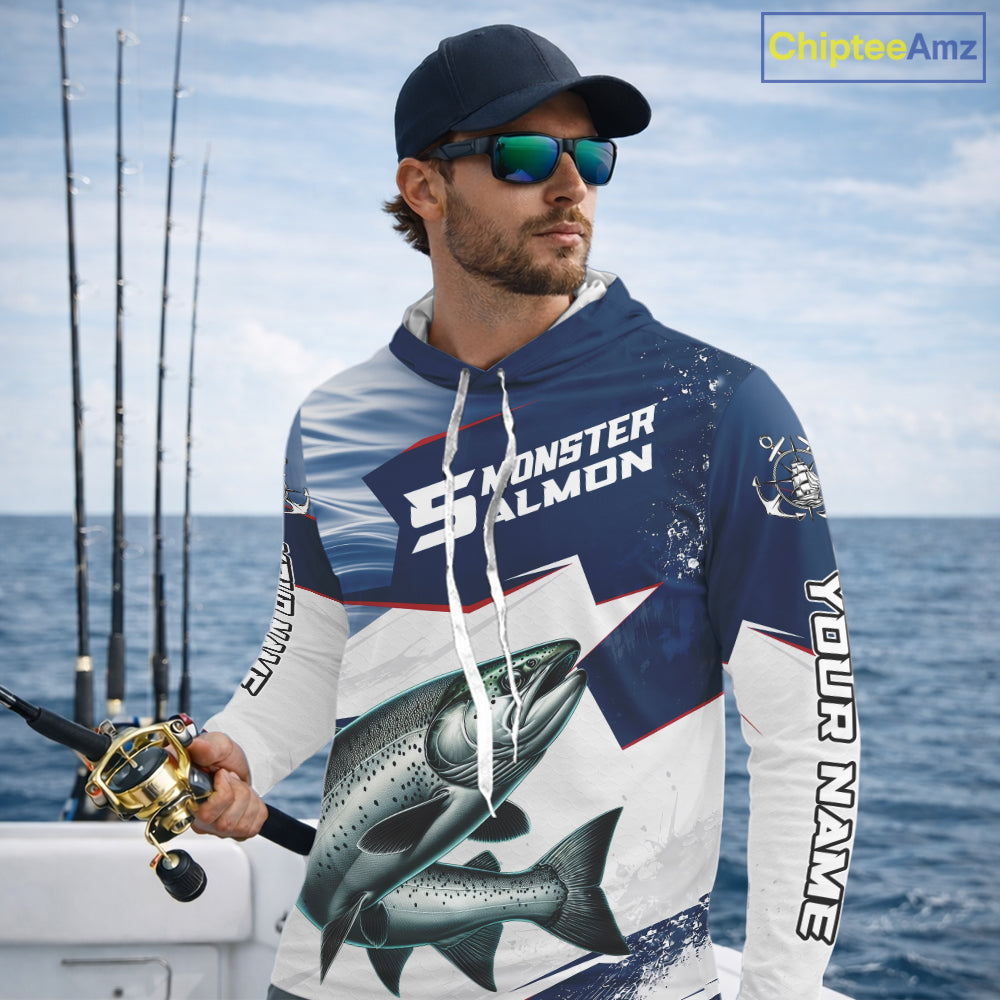 Offshore Sport Fishing Chinook Salmon Monster, Long Sleeve Hooded Salmon Fishing Jersey For Men NHT1469