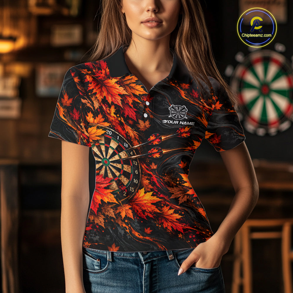 Best Darts Dartboard Autumn Polo Shirt Custom 1/4 Zipper Red Orange Maple Leaves Sports For Women NHT1808