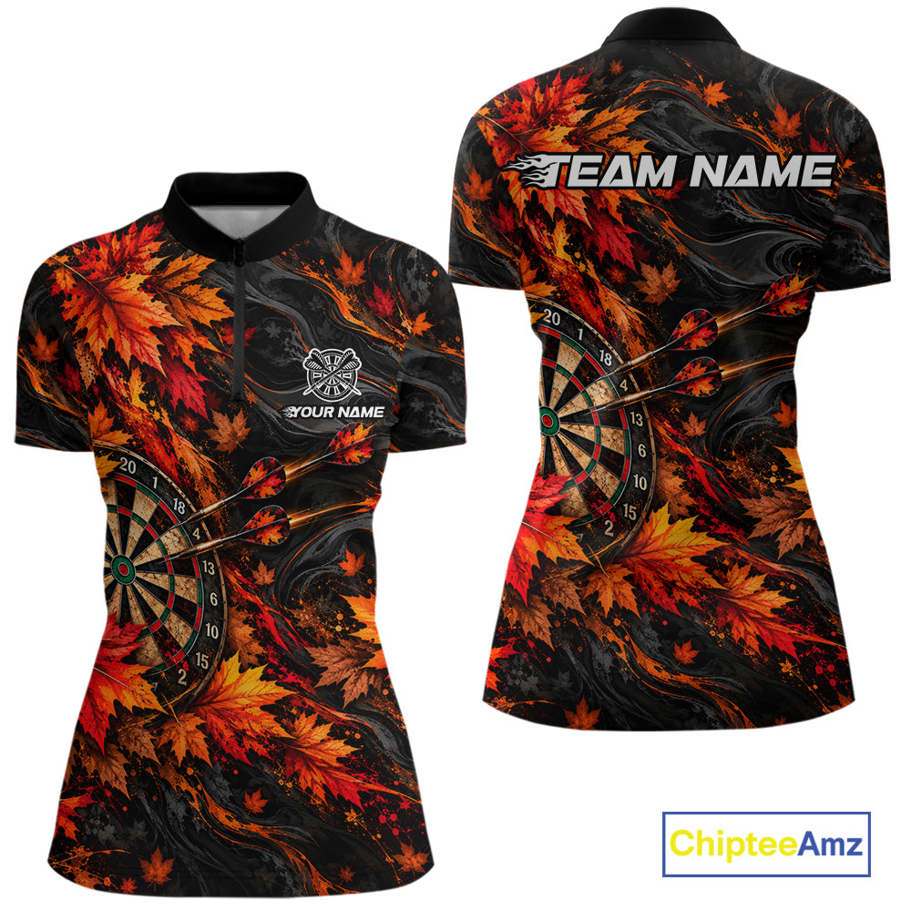 Best Darts Dartboard Autumn Polo Shirt Custom 1/4 Zipper Red Orange Maple Leaves Sports For Women NHT1808