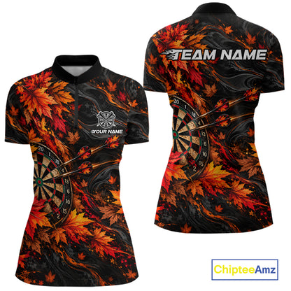 Best Darts Dartboard Autumn Polo Shirt Custom 1/4 Zipper Red Orange Maple Leaves Sports For Women NHT1808