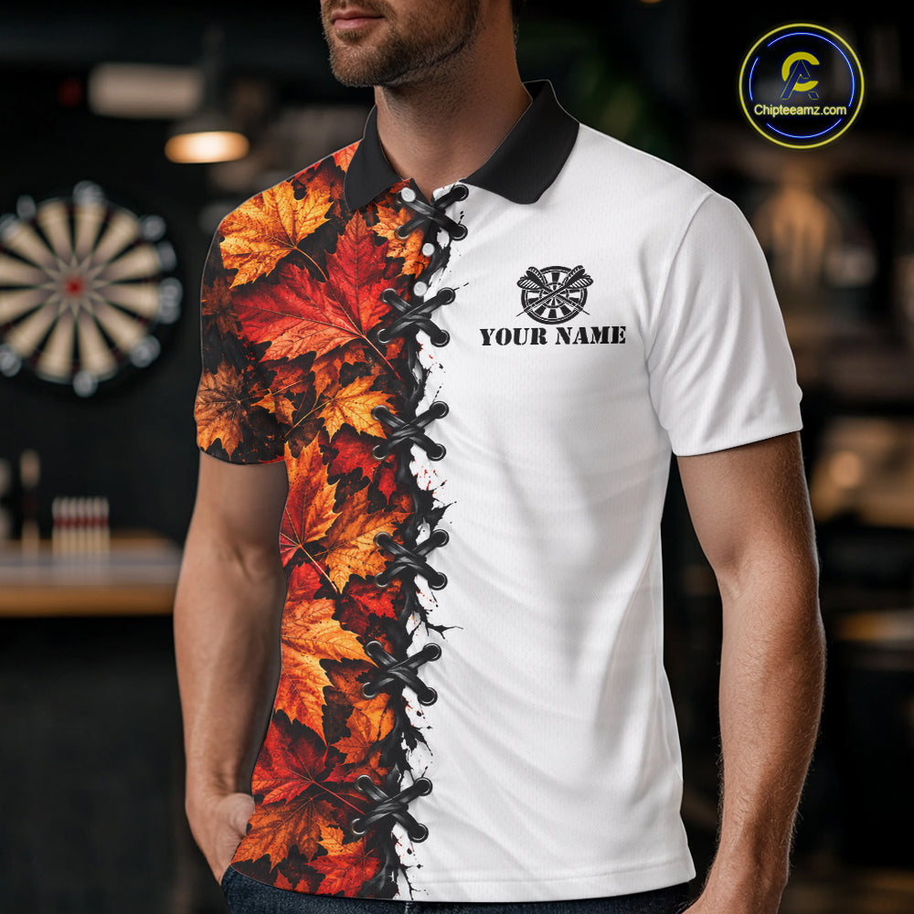 Autumn Split Maple Leaves Darts Polo Shirt For Men Custom Quarter Zip Lace Up Dart Board NHT1812