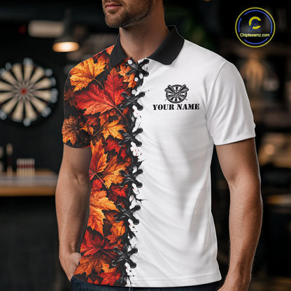 Autumn Split Maple Leaves Darts Polo Shirt For Men Custom Quarter Zip Lace Up Dart Board NHT1812