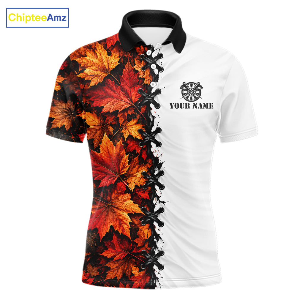 Autumn Split Maple Leaves Darts Polo Shirt For Men Custom Quarter Zip Lace Up Dart Board NHT1812