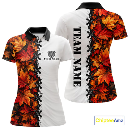 Autumn Split Maple Leaves Darts Polo Shirt For Women Custom Quarter Zip Lace Up Dart Board NHT1812