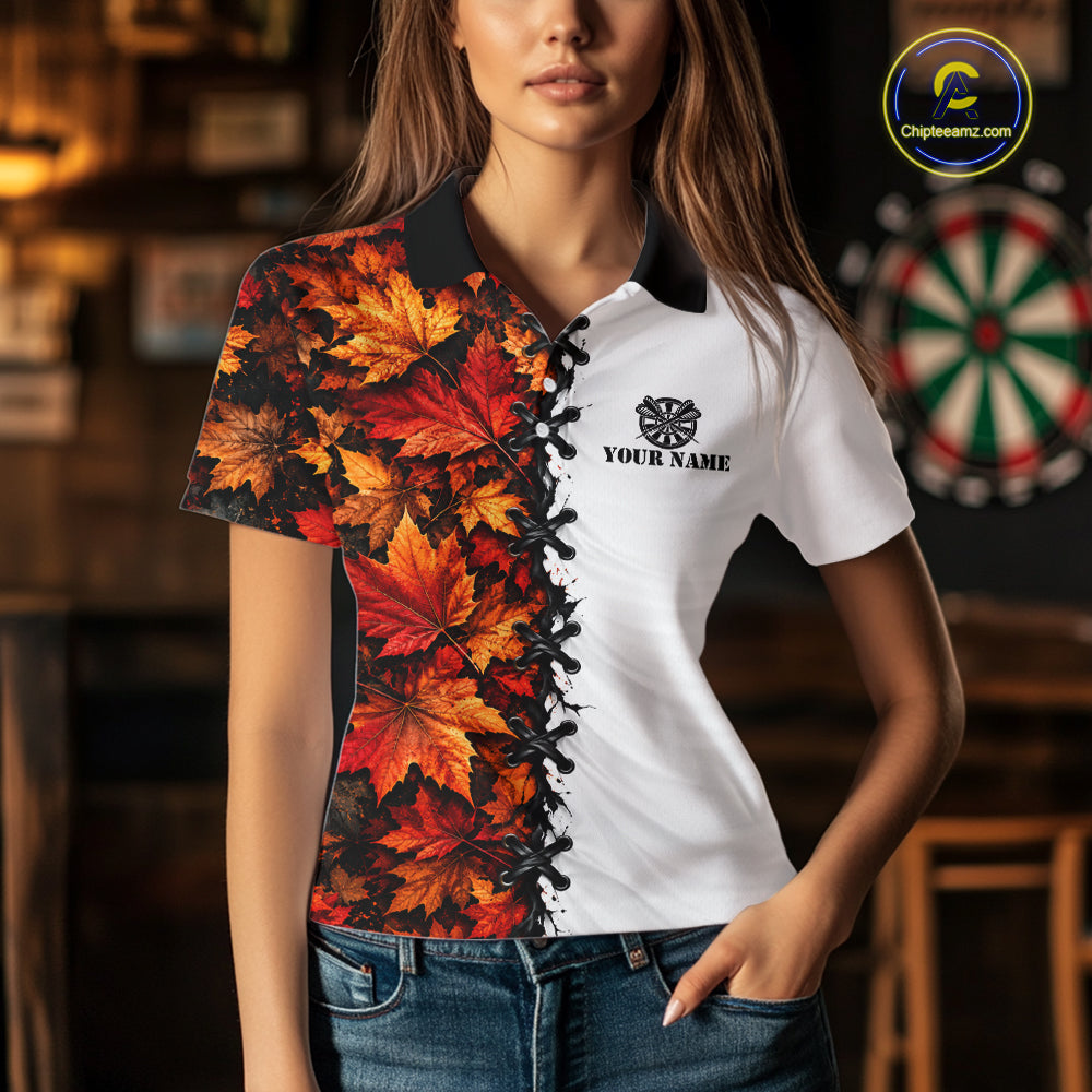 Autumn Split Maple Leaves Darts Polo Shirt For Women Custom Quarter Zip Lace Up Dart Board NHT1812