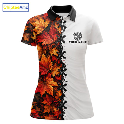 Autumn Split Maple Leaves Darts Polo Shirt For Women Custom Quarter Zip Lace Up Dart Board NHT1812
