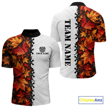 Autumn Split Maple Leaves Darts Polo Shirt For Men Custom Quarter Zip Lace Up Dart Board NHT1812