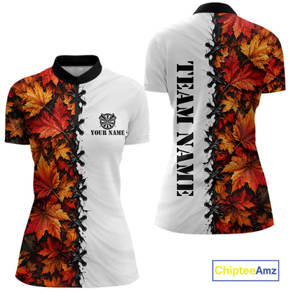 Autumn Split Maple Leaves Darts Polo Shirt For Women Custom Quarter Zip Lace Up Dart Board NHT1812