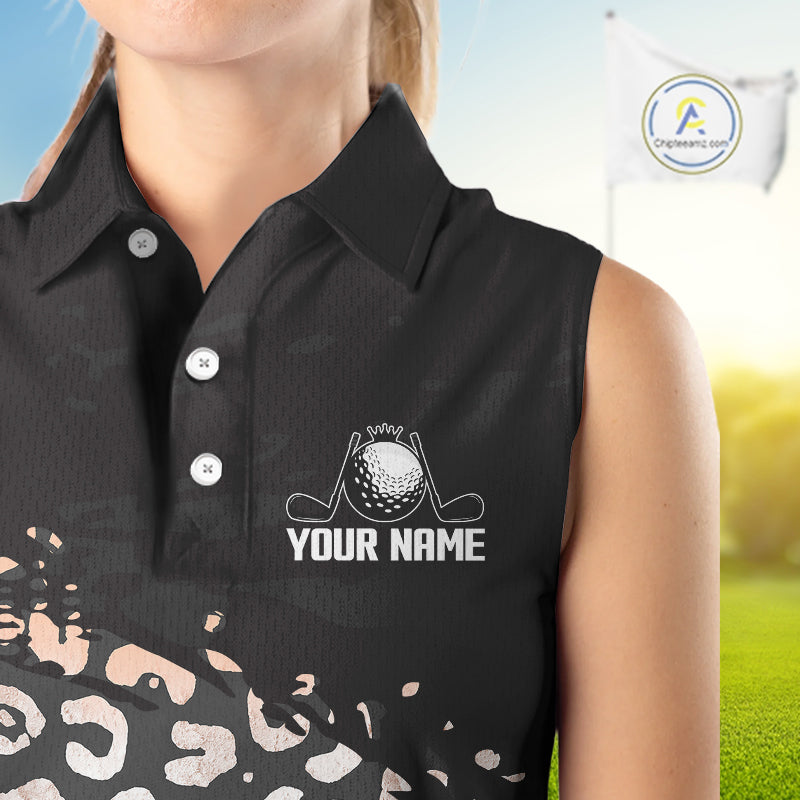 Custom Name Leopard Print Sleeveless Women Polo Shirt – Stylish Animal Print Golf Polo For Womens NHT855
