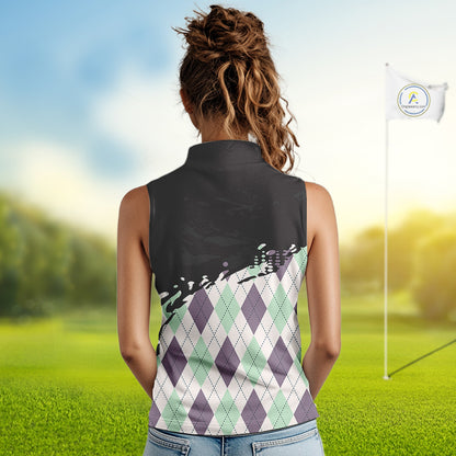 Custom Name Argyle Pattern Print Sleeveless Women Polo Shirt – Stylish Animal Print Golf Polo For Womens NHT857