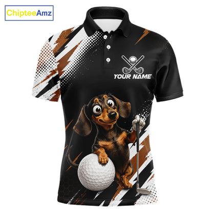A black short-sleeve polo shirt with a custom graphic print of a dachshund holding a golf club next to a golf ball. The shirt features white and brown diagonal graphic stripes on the sides and sleeves, a white polo collar, and a customizable chest design with a golf ball and crossed clubs above the placeholder text 'YOUR NAME'.