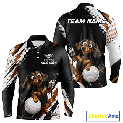 A long-sleeve polo shirt shown from the front and back on a white background. The shirt features a black base with brown and white graphic stripes, a cartoon dachshund holding a golf ball and club, and customizable text areas reading 'TEAM NAME' and 'YOUR NAME'.