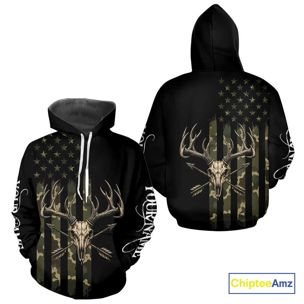 Deer Skull Hunting Shirt Long Sleeve With Black Camo American Flag, Whitetail Deer Hunting Shirt NHT1474