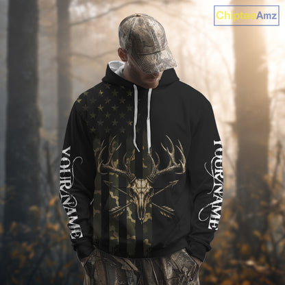 Deer Skull Hunting Shirt Long Sleeve With Black Camo American Flag, Whitetail Deer Hunting Shirt NHT1474