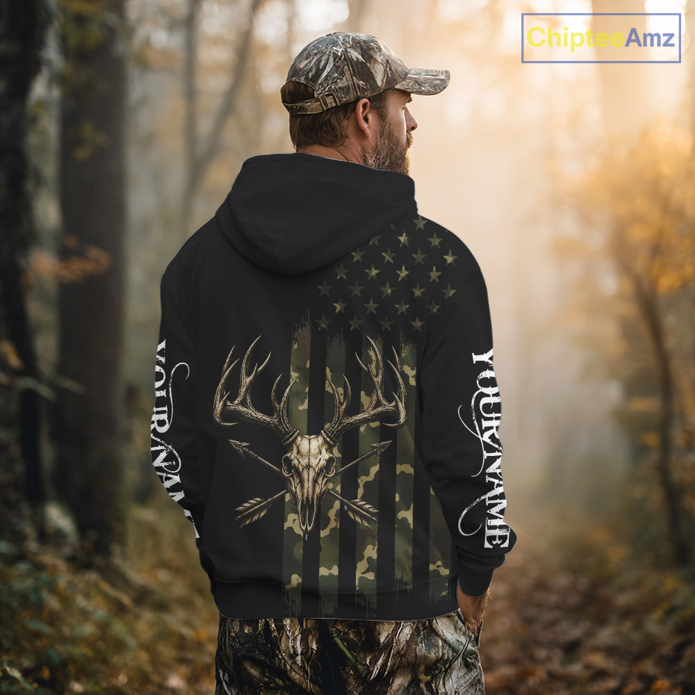 Deer Skull Hunting Shirt Long Sleeve With Black Camo American Flag, Whitetail Deer Hunting Shirt NHT1474
