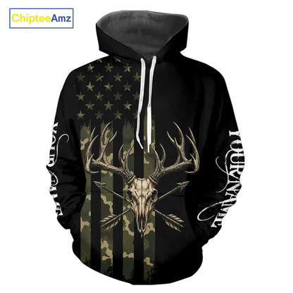 Deer Skull Hunting Shirt Long Sleeve With Black Camo American Flag, Whitetail Deer Hunting Shirt NHT1474