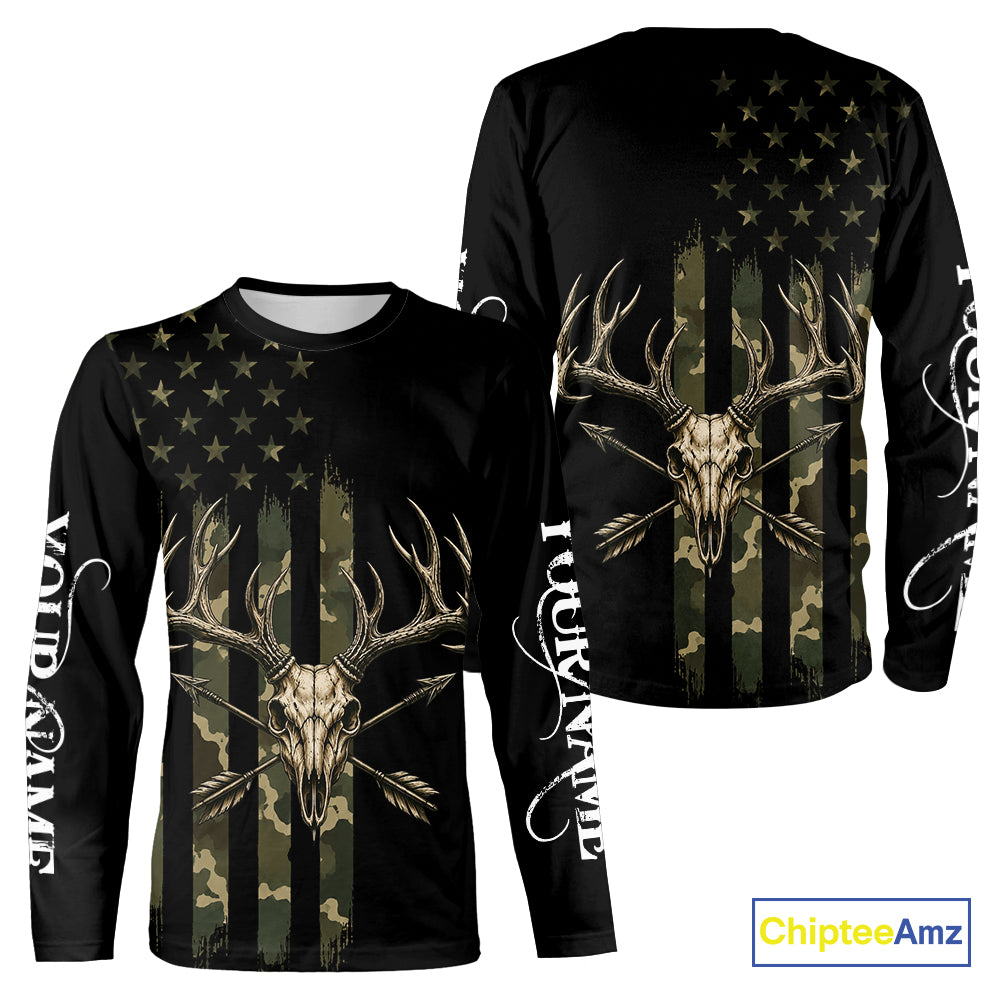 Deer Skull Hunting Shirt Long Sleeve With Black Camo American Flag, Whitetail Deer Hunting Shirt NHT1474