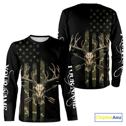 Deer Skull Hunting Shirt Long Sleeve With Black Camo American Flag, Whitetail Deer Hunting Shirt NHT1474
