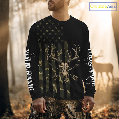 Deer Skull Hunting Shirt Long Sleeve With Black Camo American Flag, Whitetail Deer Hunting Shirt NHT1474