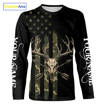 Deer Skull Hunting Shirt Long Sleeve With Black Camo American Flag, Whitetail Deer Hunting Shirt NHT1474