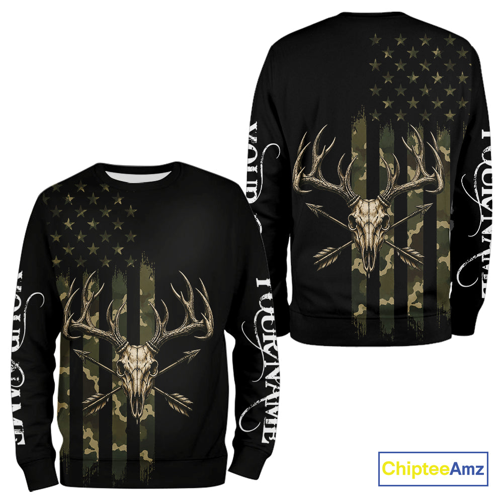 Deer Skull Hunting Shirt Long Sleeve With Black Camo American Flag, Whitetail Deer Hunting Shirt NHT1474