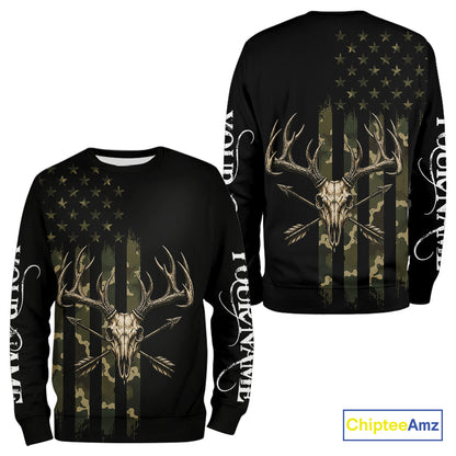 Deer Skull Hunting Shirt Long Sleeve With Black Camo American Flag, Whitetail Deer Hunting Shirt NHT1474