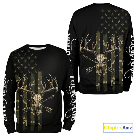 Deer Skull Hunting Shirt Long Sleeve With Black Camo American Flag, Whitetail Deer Hunting Shirt NHT1474