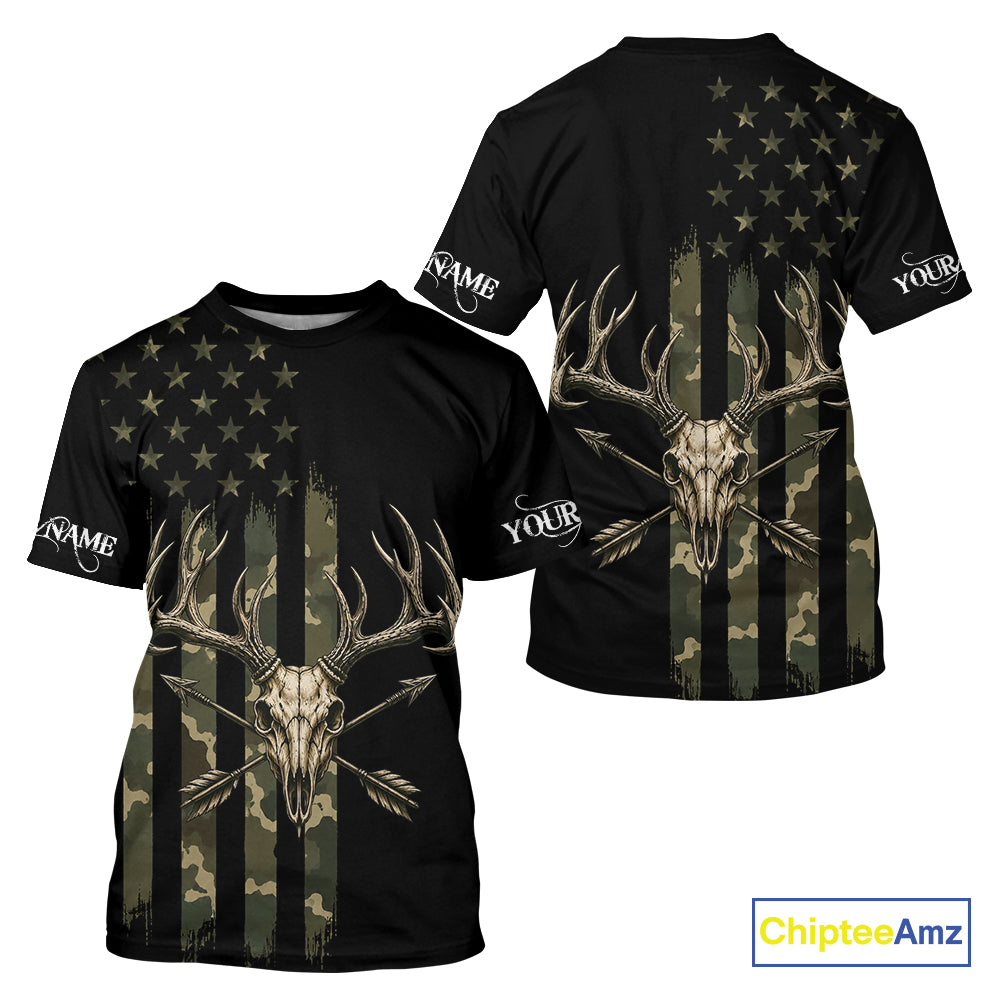 Deer Skull Hunting Shirt Long Sleeve With Black Camo American Flag, Whitetail Deer Hunting Shirt NHT1474