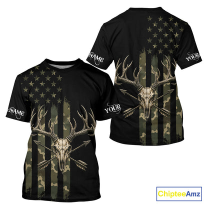 Deer Skull Hunting Shirt Long Sleeve With Black Camo American Flag, Whitetail Deer Hunting Shirt NHT1474