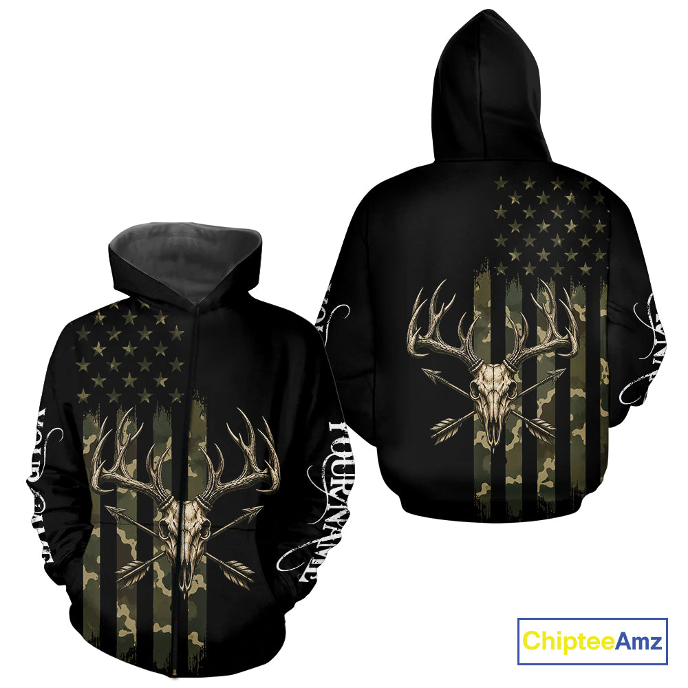Deer Skull Hunting Shirt Long Sleeve With Black Camo American Flag, Whitetail Deer Hunting Shirt NHT1474