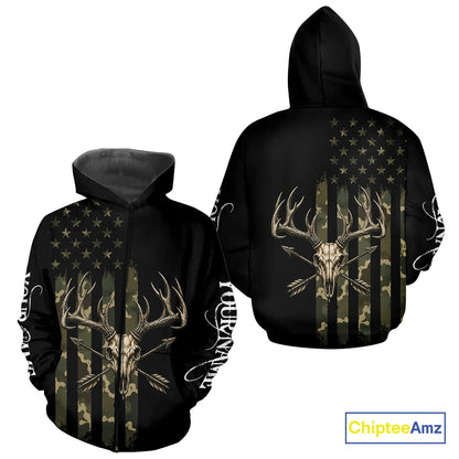 Deer Skull Hunting Shirt Long Sleeve With Black Camo American Flag, Whitetail Deer Hunting Shirt NHT1474