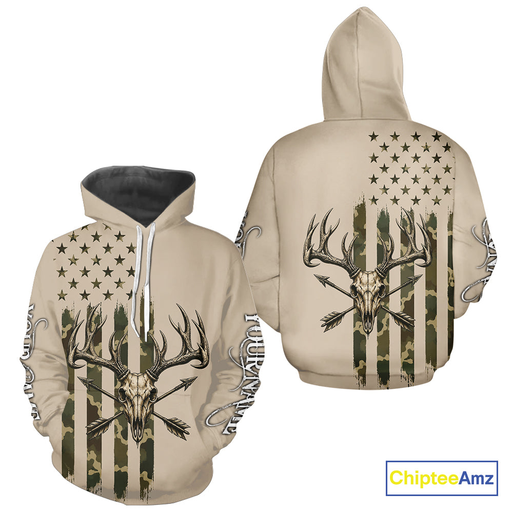 Deer Skull Hunting Shirt Long Sleeve With Beige Camo American Flag, Whitetail Deer Hunting Shirt NHT1475