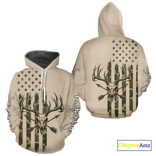 Deer Skull Hunting Shirt Long Sleeve With Beige Camo American Flag, Whitetail Deer Hunting Shirt NHT1475
