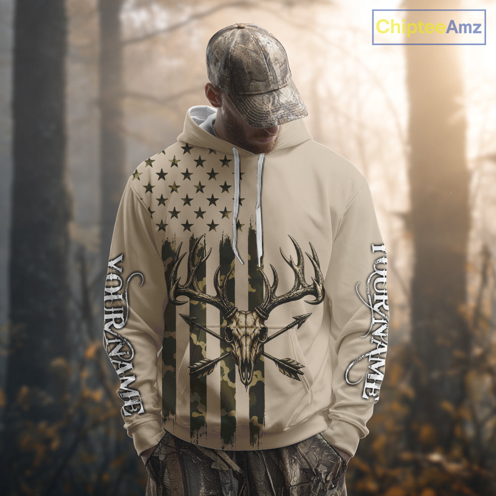 Deer Skull Hunting Shirt Long Sleeve With Beige Camo American Flag, Whitetail Deer Hunting Shirt NHT1475