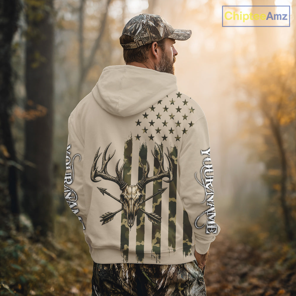 Deer Skull Hunting Shirt Long Sleeve With Beige Camo American Flag, Whitetail Deer Hunting Shirt NHT1475